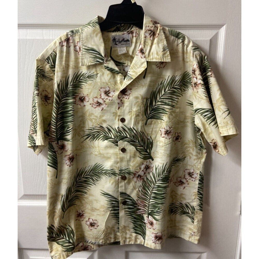 Vtg Howie Made In Hawaii Mens Large Green  Gold, Brown Floral  5 Button Shirt